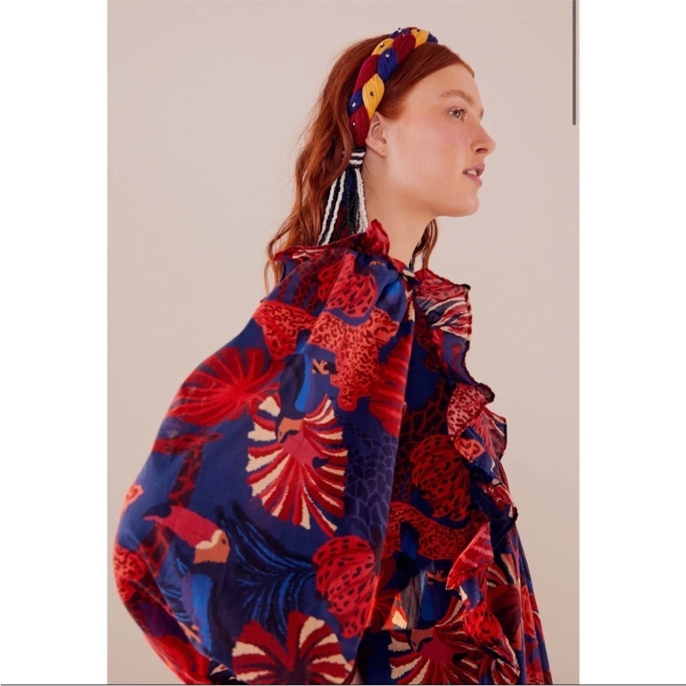 NWOT FARM RIO Red Blue Animal Tapestry Midi Tropical Flare Puff Sleeve Dress XS - Picture 4 of 9